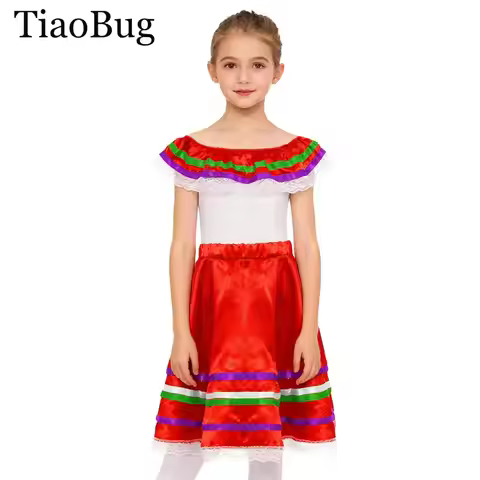 Girls Mexican Flamenco Dance Dress Outfit Off Shoulder Ruffled Top with Skirt for Mexican Carnival P