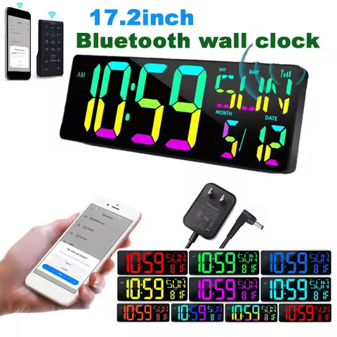17.2inch Large Screen LED RGB Dynamic Perpetual Calendar Bluetooth Wall Clock Temperature Multi-func