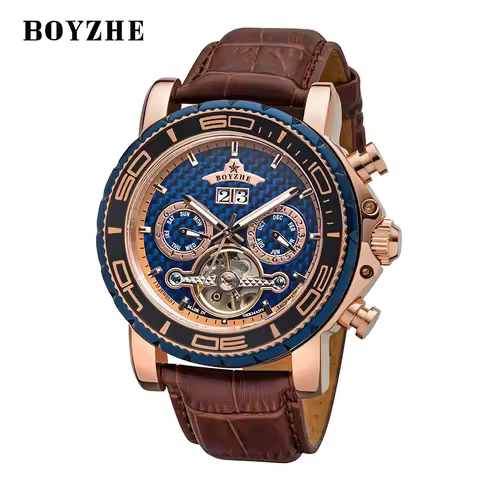 BOYZHE Brand Luxury Tourbillon Mechanical Watch Men Sports Leather Strap Waterproof Classic Date Wee