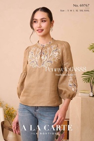 69767 เสื้อ A La Carte ลินินแท้ งานปักฉลุลูกไม้ มีซับใน คอกลม แขน 3 ส่วน by PENNY CLOTH 888