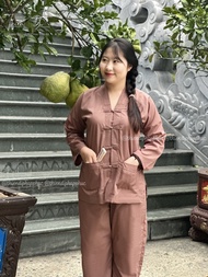 Đồ lam đi chùa nữ chất vải lụa kate hàn 5 cúc đũa tay dài Thiên Di - Pháp phục đi chùa nữ cao cấp dà