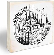 Pine Wood Block Sign, Always Take The Scenic Route, Hiking & Views Wooden Plaque For Living Room, Ta