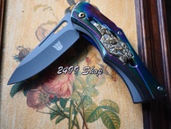 มีดพับ ระบบล็อค Liner-Lock เฟรมน้ำเงิน ด้ามจับทำร่องนิ้วจับถนัดมือ Transformers ด้ามรุ้ง เฟรมน้