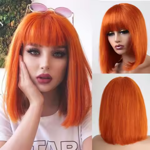 180D Orange/Ginger Colored Blonde Straight Human Hair Bob Wigs With Bangs Remy Full Machine Made for