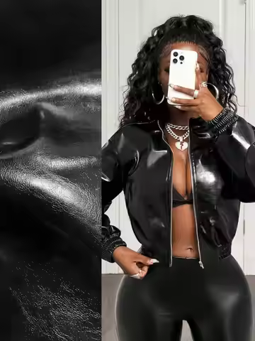 Women's Black PU Leather Cropped Bomber Jacket with Zipper, Streetwear Style for Fall Winter