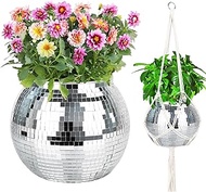 Disco Ball Planter, 1pcs 9” Silver Disco Ball Planter, Disco Ball Plant Hanger with Hanging Rope, Ha