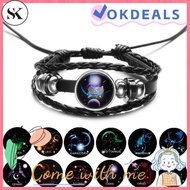 SK Handmade Braided Punk Jewelry Luminous  12 Constellation Zodiac Signs Bracelet Glass Snap Buttons