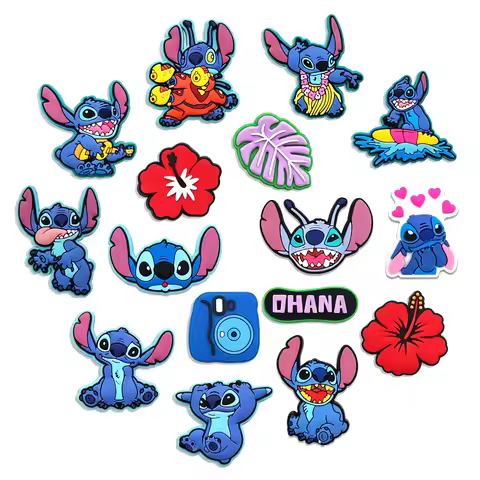 16Pcs New Design Cute Stitch PVC Shoe Charms Blue Alien Hibiscus Flower OHANA Detachable Clog Shoe D