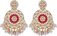 Bollywood Jewellery Traditional Ethnic Bridal Bride Wedding Bridesmaid Designer Gold-Plated Kundan Stone Red Dangler White Pearl Stone Studs Earrings For Women &amp; Girl's