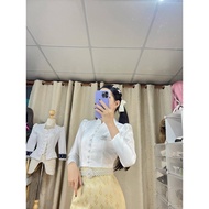 Z51 (Shirt Only) White Long-Sleeved Chinese Collar Crop Top Omo Fabric Glued All Over Thai Dress