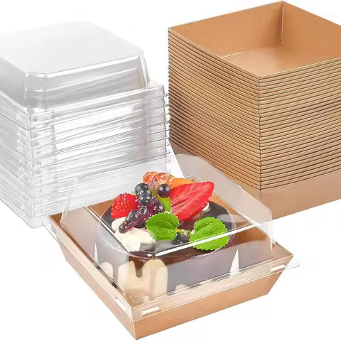 5Pcs Transparent Cover Square Box Cake Cookies and Strawberries Kraft Paper Dessert Container Bakery