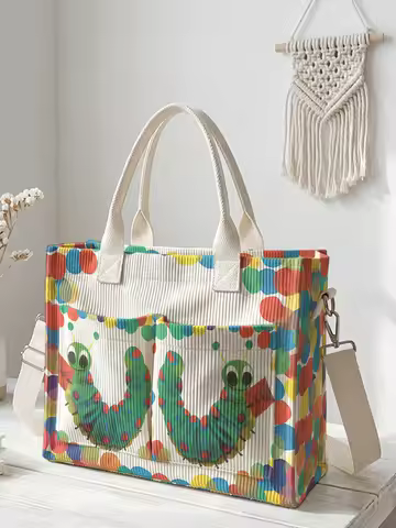 Cute Hungry Caterpillar Polka Dot Print Corduroy Tote Bag Large Capacity Multi Pocket Commuter Shoul