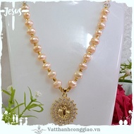 Vòng Đeo Cổ Vật Phẩm Công Giáo | Mẫu Trai Cam Ovan 7li Phối Titan | Đức Mẹ Titan