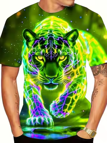 Men's O Neck Short Sleeve T Shirt 3D Neon Green Tiger Starry Sky Water Reflection Print Street Casua