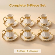 6Pcs Espresso Coffee Cups Set w/Gold Trim - （90ml） Luruxy Cup & Saucers Perfect to Coffee Lovers