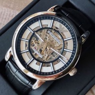EMPORIO ARMANI 鏤空錶盤 黑色皮革錶帶 男士 自動機械錶 AR1981