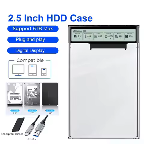 USB3.2 External HDD Case 2.5 Inch Transparent HDD Enclosure with Display Screen 5Gbps USB to Type-C 