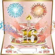 Turypaty Sweet 16th Birthday Cards Pop Up 3D Cake - Firework & Music & Blow Out Candle Light Funny -