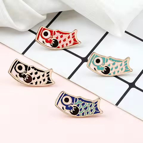 Cartoon Koinobori Fish Flag Carp Brooches Japanese Koi Soft Enamel Pin Bag Badges for Men Women Deni