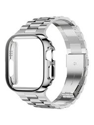 2入組不鏽鋼金屬可調節的蘋果手錶錶帶和銀色TPU防護手錶殼，附有螢幕保護貼，適用於蘋果手錶Ultra Se / 8/7/6/5/4/3/2 / 1系列，38mm / 40mm / 41mm / 44mm / 45mm / 49mm，男女適用的智慧手錶替換腕帶蘋果手錶帶和手錶殼