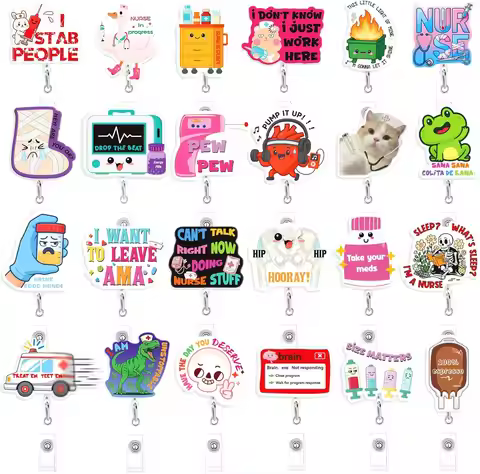 24 PCS Cute Acrylic Funny Nurse Badge Reels Retractable with Swivel Clip for Nurse Doctor Student RN