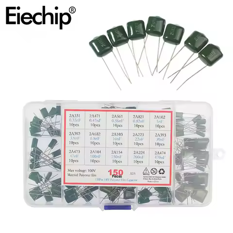 150/180/620PCS Polyester Film Capacitor Kit 100V 0.33NF-470NF 1nF 1.5nF 2.2nF 100nF 2A102J 2A333J 2A