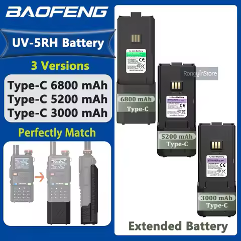 Baofeng UV-5RH Extended Battery 6800mAh 5200mAh Type-C Walkie Talkie UV-5RM AR-5RM GM-5RH Ham Radio 