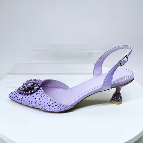 INSIGHTLINK Low Heel Sandals And Clutch Purse Bag Set Women Rhinestone Italian Design Lilac Color Po
