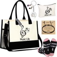 6 Pcs Back to School Musician Gift for Women Include Music Notes Canvas Tote Bag Makeup Bag Crew Soc