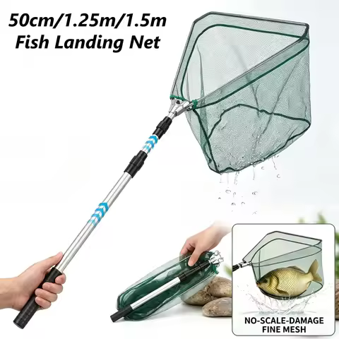 50cm/1.25m/1.5m Fish Landing Net Aluminum Alloy Handle Folding Fishing Net Portable Lightweight Land