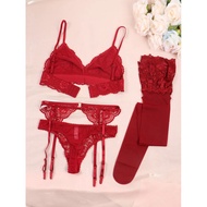 Varsbaby Lace Bra Sets for Women Non-padded Bra Panty Garter Stockings Summer Underwear Lingerie Sex