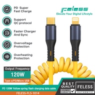 FELESS สายเคเบิลข้อมูลสปริงสีเหลือง 120W PD 27W ชาร์จเร็ว Carplay Type-c/Lightning/Micro USB สำหรับ Android/Apple/XIAOMI/HUAWEI/VIVO