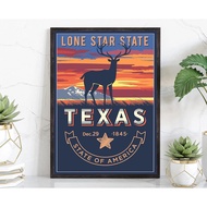 Texas State Poster Print Texas State Emblem Poster Retro Travel State Poster Home & Office Wall Art 