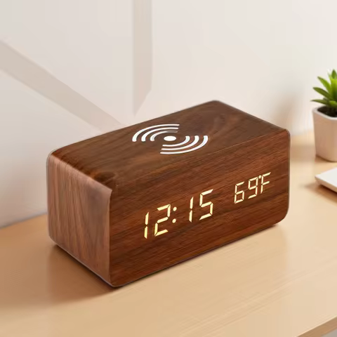 Wooden Digital Alarm Clock with Wireless Charging, LED Clock with Time, Date,Temperature, Desk Clock