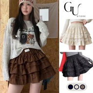 GU STORE lady-style lace flared skirt with ruffles, short elastic waist and lined pants