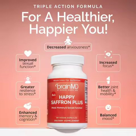 Happy Saffron Plus Supplement for Mood Memory - 90 Capsules - with Saffron Flower Extract, Curcumin 