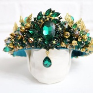 Emerald gold crystals crown Beaded tiara Green royal diadem Bridal crown