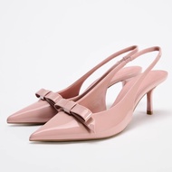ZARAˉ New 2024 Pointed Toe Low Bow Stiletto Heel High Heels Womens Back Strap Patent Leather Fashion