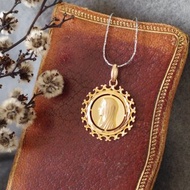 古董法國金色放射花形耶穌十字架聖母項鍊 N666