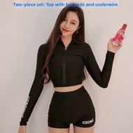 AIOUSHINUO | Conservative Long Sleeve Swimwear Flattering Chest Gather 2 Piece Bikini