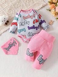 SHEIN 嬰兒女孩簡約字母印花長袖爬服套裝,包括襪套、圍兜、長褲,家居裝