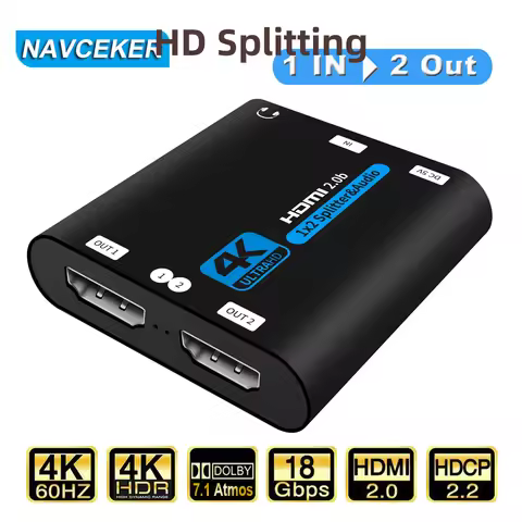 Navceker HDMI Splitter 1x2 1080P 4K HDMI Splitter 1 in 2 out 2 Port HDMI Amplifier HDMI Cable Splitt