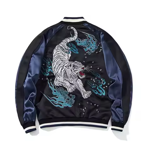 Tiger Embroidery Baseball Jacket Men Satin Sukajan Male Fashion Coat Luxury Spring Long Sleeve Cloth