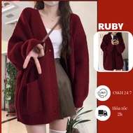 Jacket loose Ruby red cardigan, Korean fashion style plain red cardigan-CA14