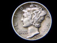 United States-1941年美國希臘神話通商之神(Mercury/Hermes)團結箭群徽壹毫(Silver Dime)銀幣(二戰時期)