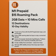M1 Prepaid $15 Roaming Pack – 2GB Data + 10 Mins Calls | 12 Destinations | 10-Day Validity