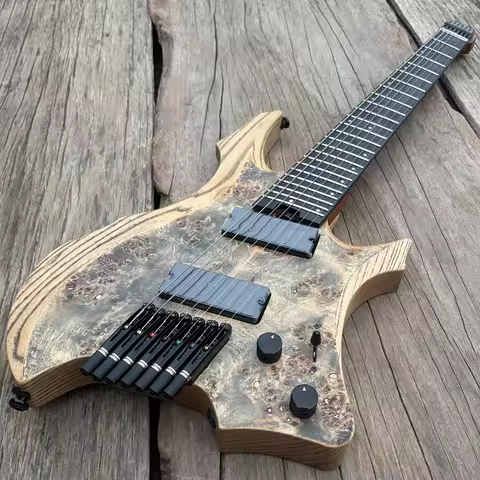 7 String Headless Electric Guitar Black Burl Maple top Fanned Frets Active Pickups 9 Piece Roasted M