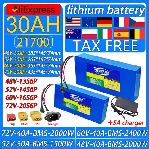 30AH battery pack 48V 52V 60V 72V 21700 Lithium battery pack 1500W-2800W High Power BMS Applicable t