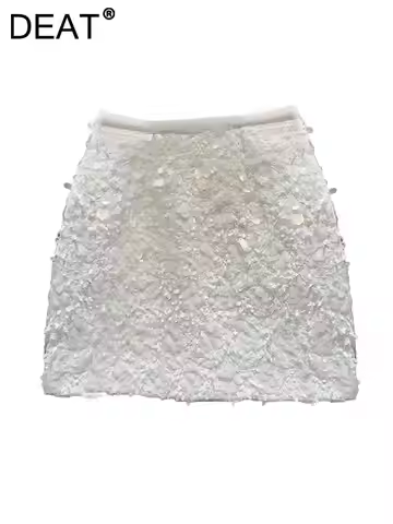 DEAT Women's Skirt White Sequins Wrap Hips Slim Short A-line High Waist Elegant Mini Skirts 2026 Sum