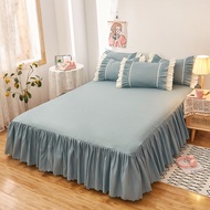 (10 Color) Bedsheet with Skirt Brushed Bed Sheet Elastic Lace Skirting Bed Cover Princess Style Wedd